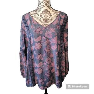 Standard Grace Paisley Floral Print Open Back Top Lace Trim Medium
